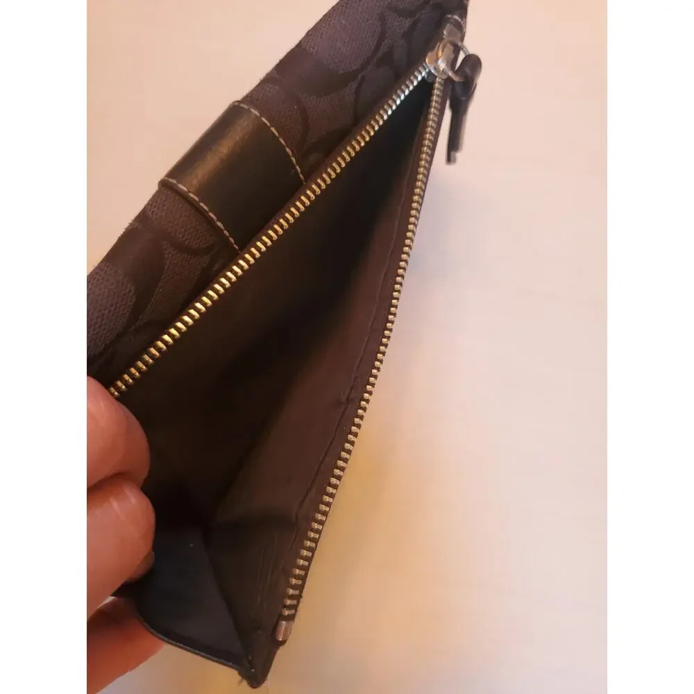 Coach Black Signature And Leather Trifold Wallet